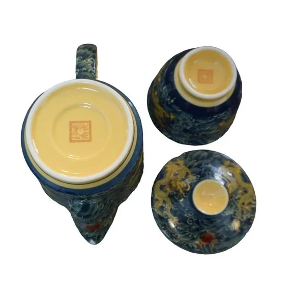 Chinese Golden Dragon Teacup Teapot Blue Red Ball Luck Sea Waves Signed READ - Picture 14 of 16